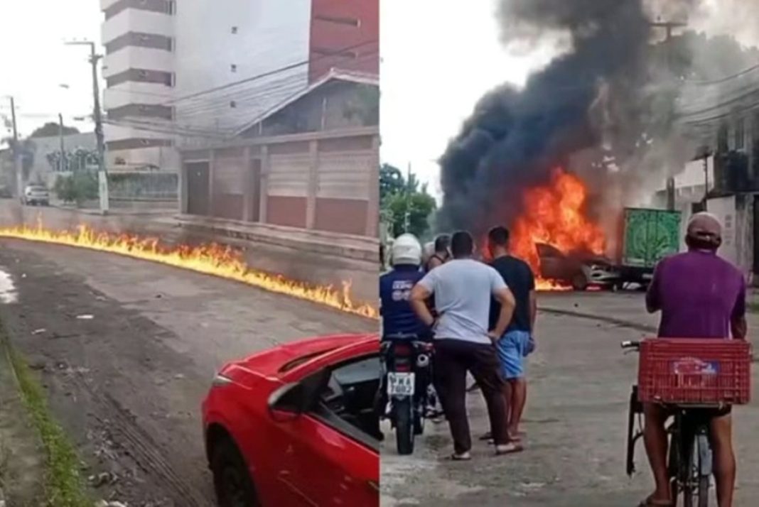 carro-arrasta-moto-apos-briga,-bate-em-caminhao-e-provoca-explosao